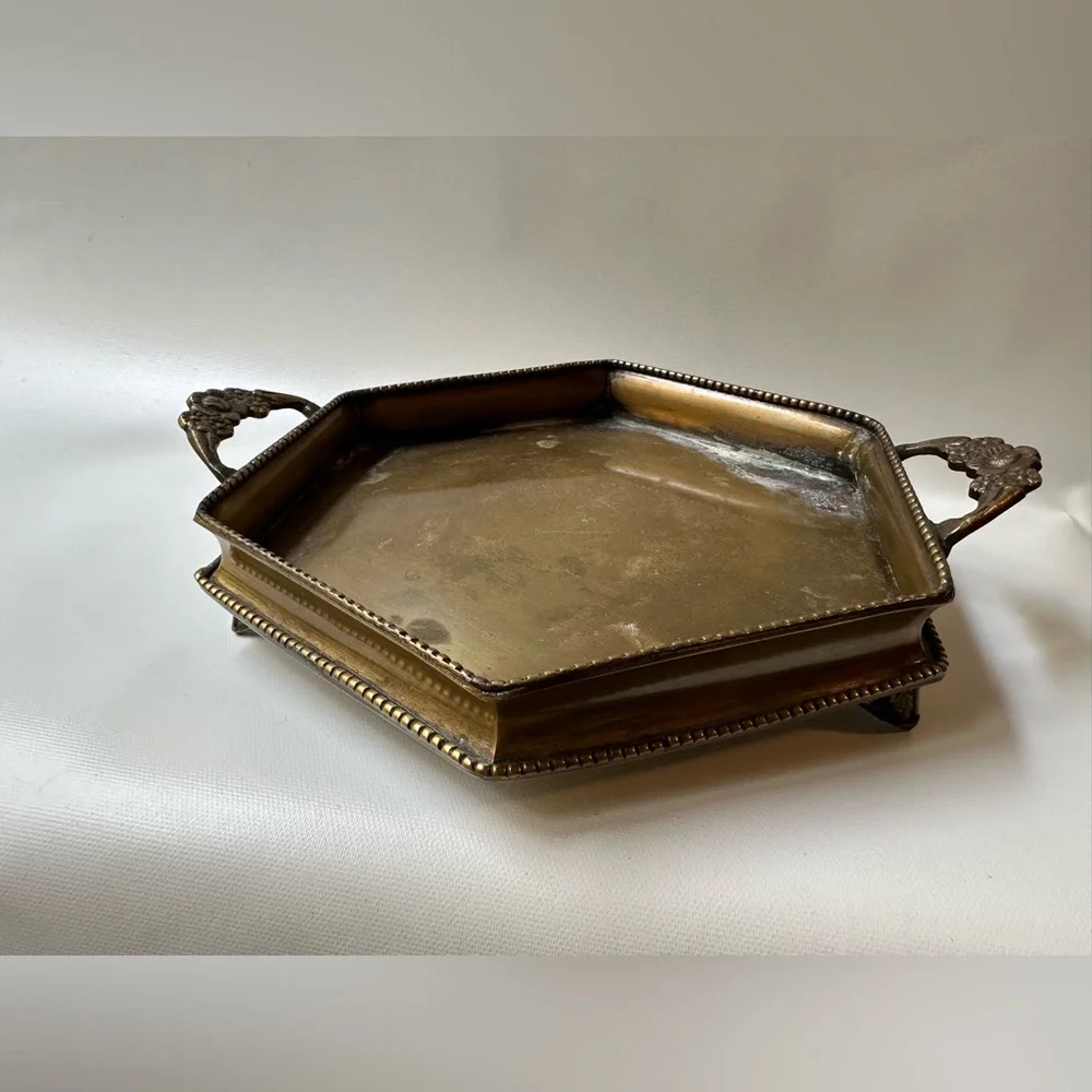 Hexagon Brass Footed Tray with Two Rose Detail Handles - Picture 6 of 6